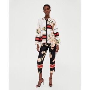 Zara Floral Stripe Blouse Size XS Cream Peach